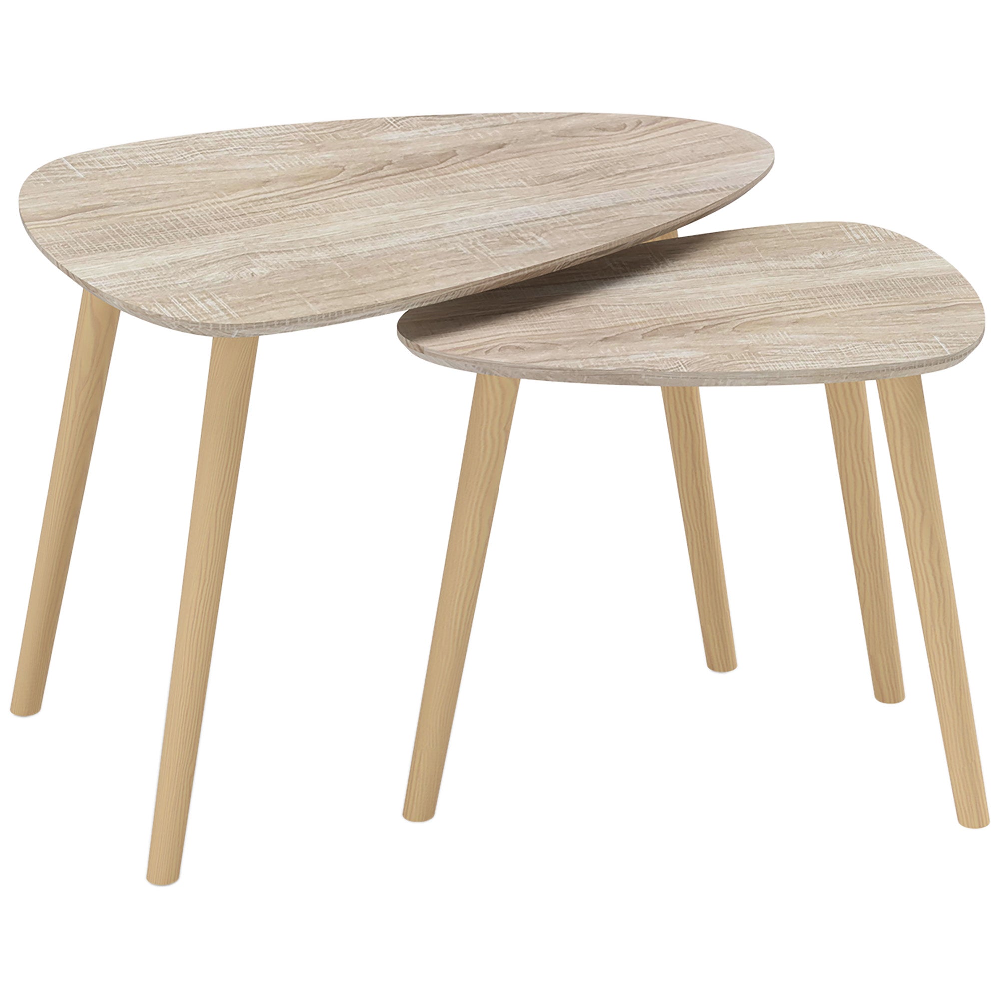 Lot de 2 tables basses gigognes design scandinave pieds en bois et plateau en bois, aspect naturel