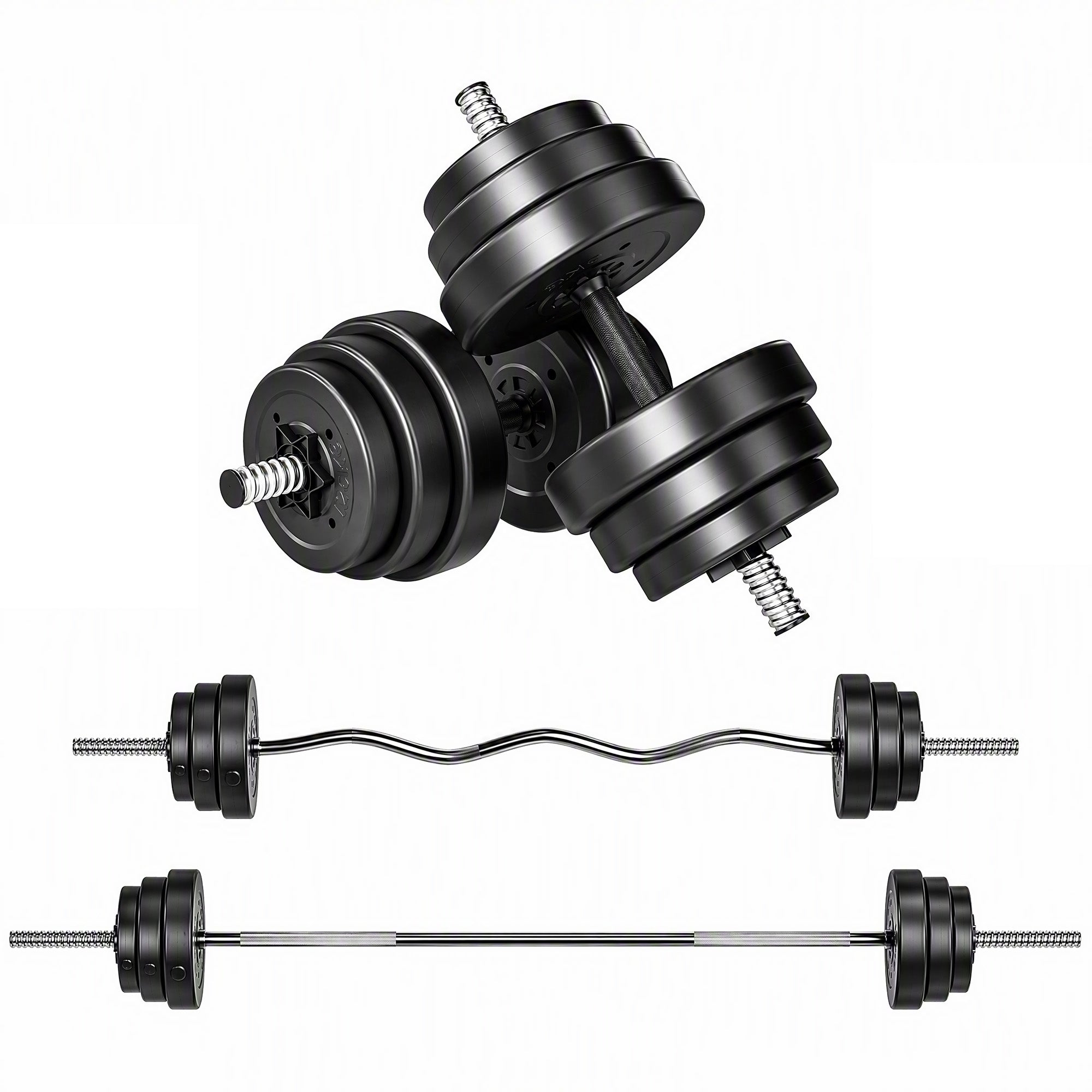 Hantel-Set 50 kg 3-in-1, Verstellbare Gewichte mit PP-Beschichtung, Rutschfester Stange, Sicherung, Schwarz