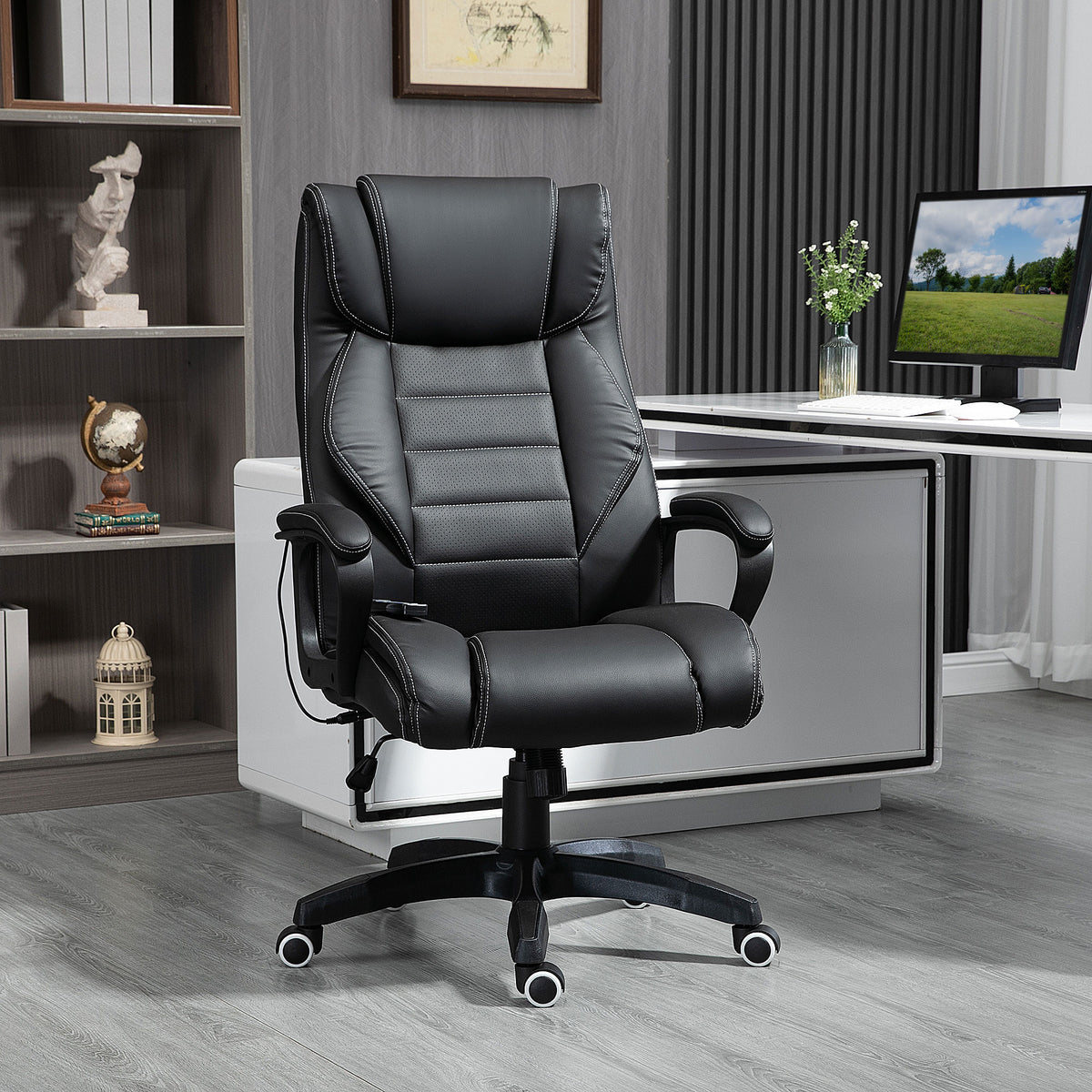 Fauteuil de bureau massant  fauteuil bureau ergonomique grand confort hauteur réglable fonction dossier à bascule revêtement synthétique noir