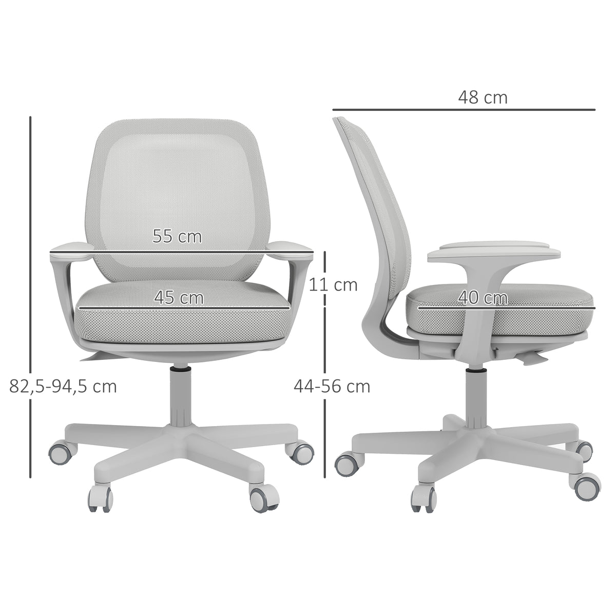 Chaise de bureau tissu mesh hauteur réglable pivotante 360° accoudoirs sur roulettes, gris