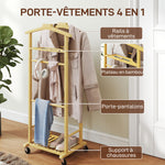 Portant à vêtements sur roulettes, porte-manteaux en bambou, double cintre intégré, 47 x 33,7 x 105,5 cm, bois naturel