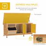 Clapier sur pied cage à lapin avec toit bitumé ouvrant 2 portes verrouillables 2 tiroirs à déjection coulissants mangeoire bois de sapin traité dim. 112L x 50l x 54H cm bois naturel et noir