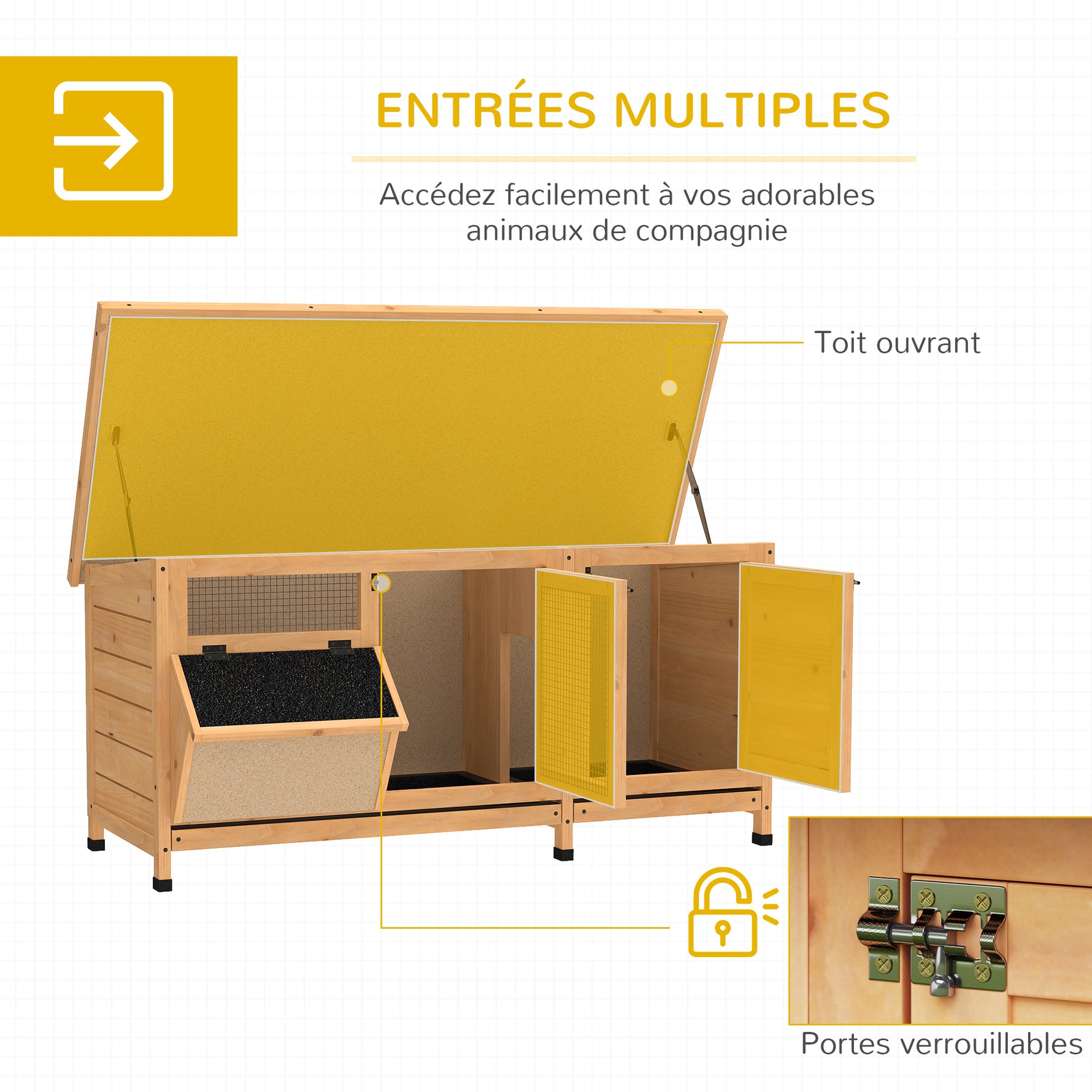 Clapier sur pied cage à lapin avec toit bitumé ouvrant 2 portes verrouillables 2 tiroirs à déjection coulissants mangeoire bois de sapin traité dim. 112L x 50l x 54H cm bois naturel et noir