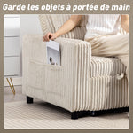 Canapé convertible 2 places canapé-lit en velours côtelé 157x190cm dossier réglable poches latérales et 2 coussins crème