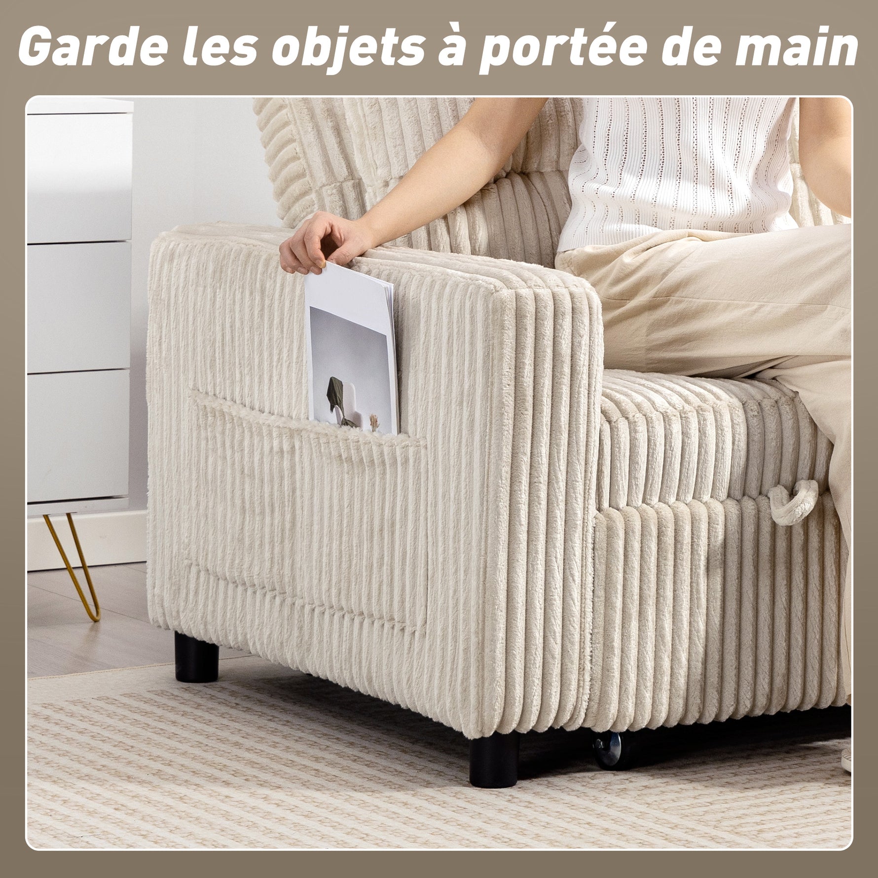 Canapé convertible 2 places canapé-lit en velours côtelé 157x190cm dossier réglable poches latérales et 2 coussins crème