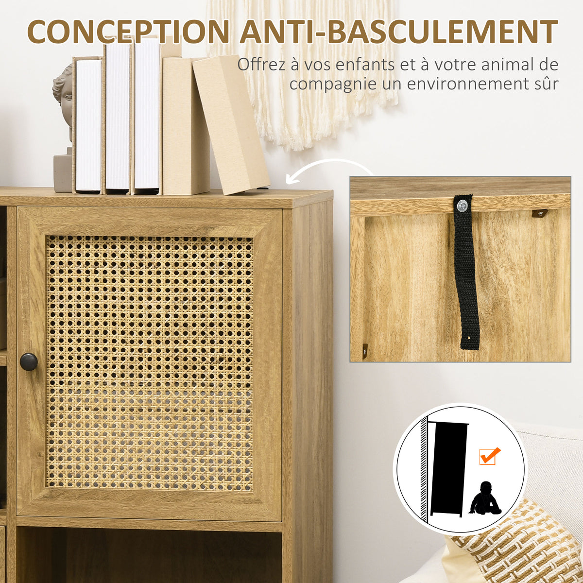 Buffet meuble de rangement armoire haut aspect bois et cannage design 2 portes - dim. 90L x 32,5l x 120H cm