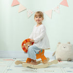 Cheval à bascule pour enfants, lion jouet à bascule bébé en bois avec guidon et base stable, 59 x 27 x 43 cm, orange