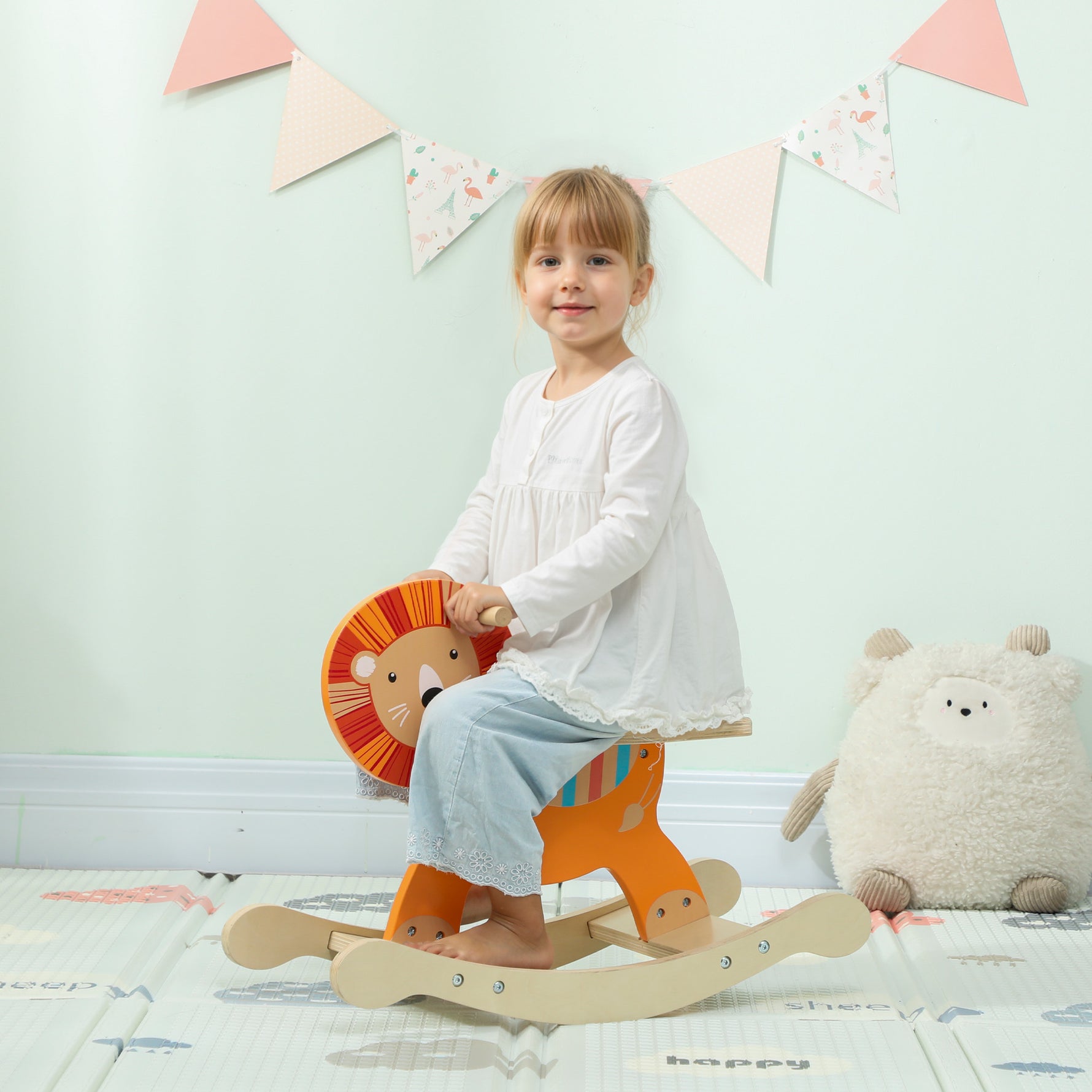 Cheval à bascule pour enfants, lion jouet à bascule bébé en bois avec guidon et base stable, 59 x 27 x 43 cm, orange