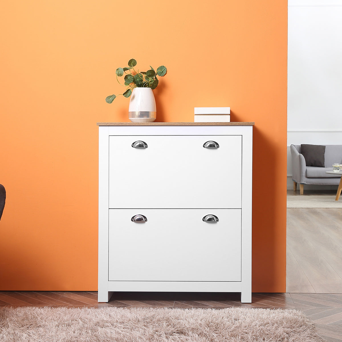 Meuble à chaussures 12 paires, armoire à chaussures étroite avec 2 tiroirs rabattables et étagères réglables, poignées coquilles métal, pour couloir, entrée, 79 x 23 x 90,5 cm, blanc et chêne