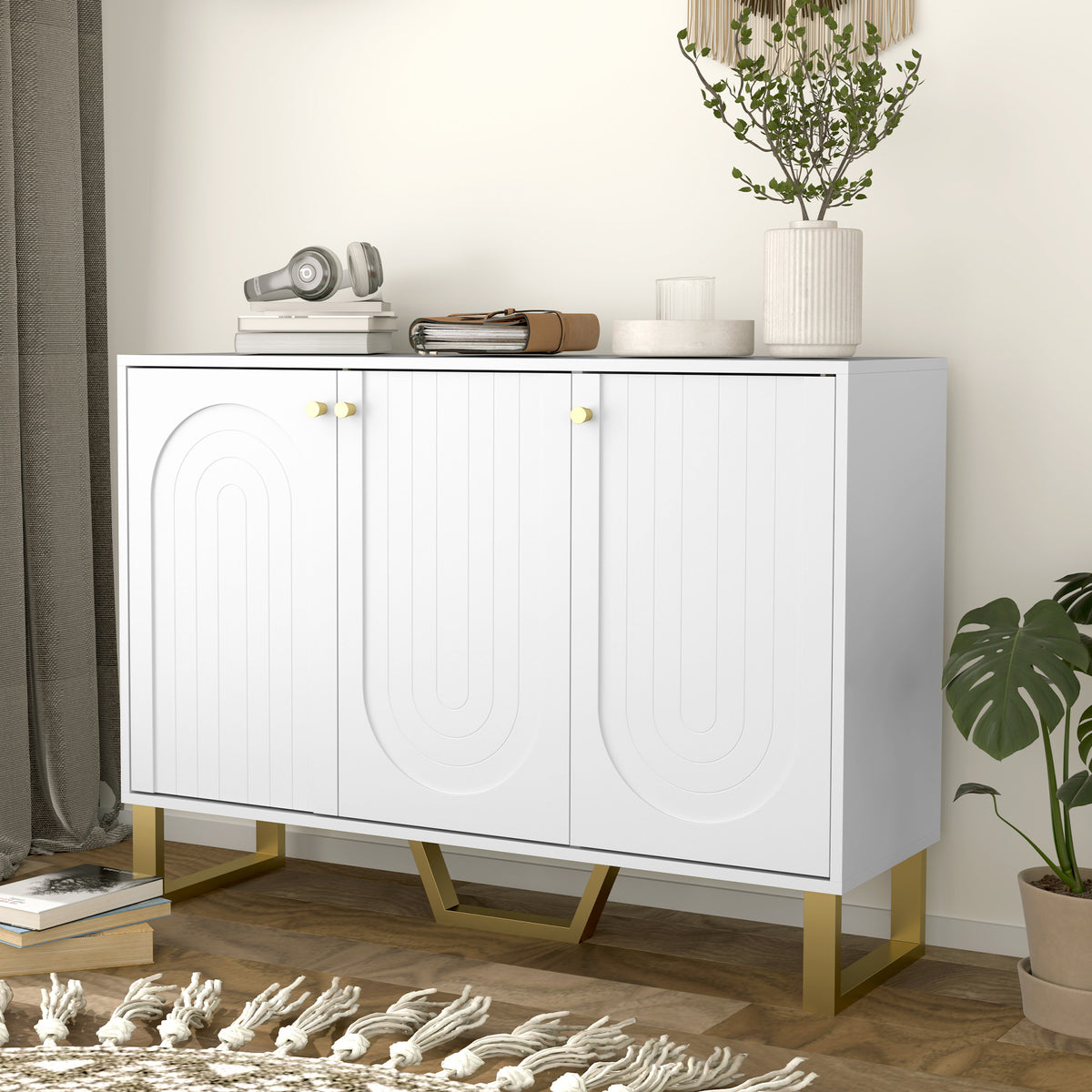 Buffet de salon avec placard à portes et étagère réglable, 106,5 x 35 x 77,5 cm, blanc