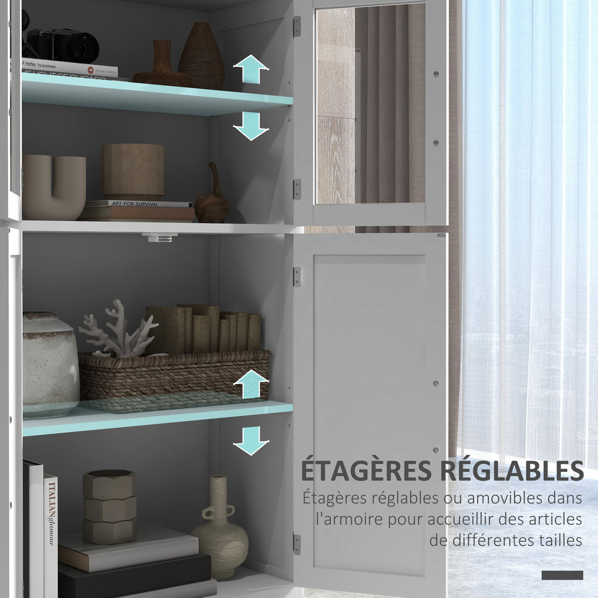 Buffet de cuisine armoire multi-rangements 2 placards, portes en verre, 4 étagères en bois blanc