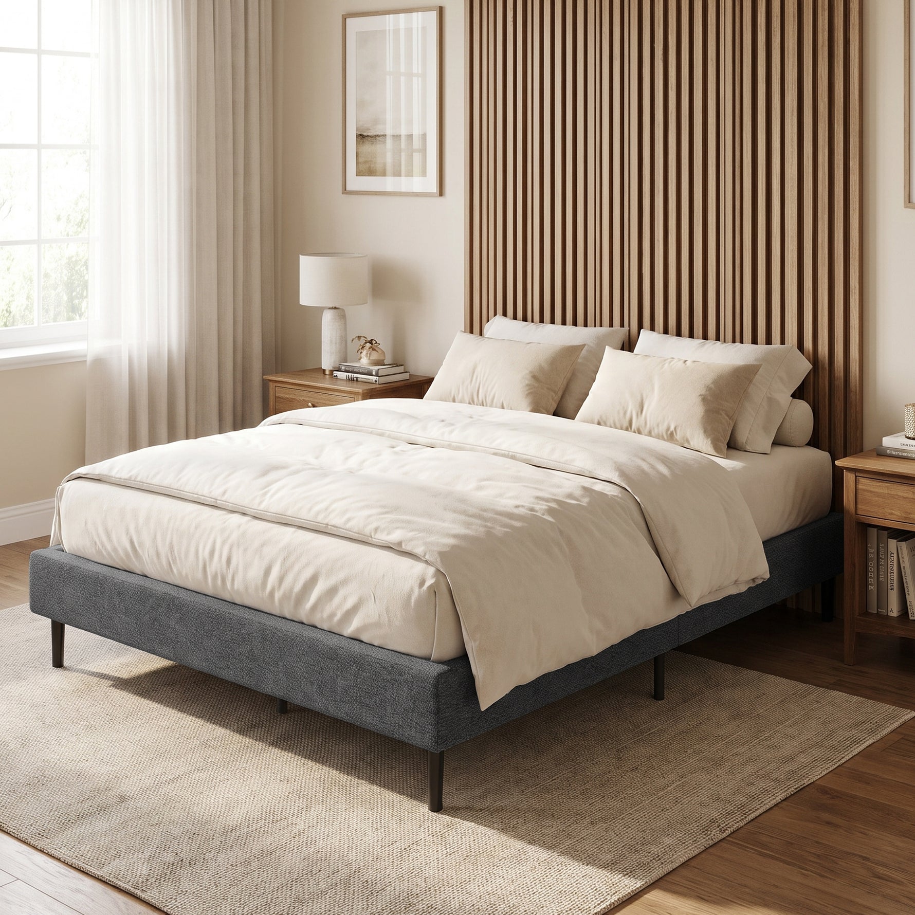 Sommier Tapissier 140x190 cm, Cadre de Lit avec Revêtement en Chenille, 10 Lattes Bois, 9 Pieds Stables, Gris