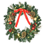 Corona navideña artificial luminosa con 20 LED de 60 cm - decorada con acebo y piñas
