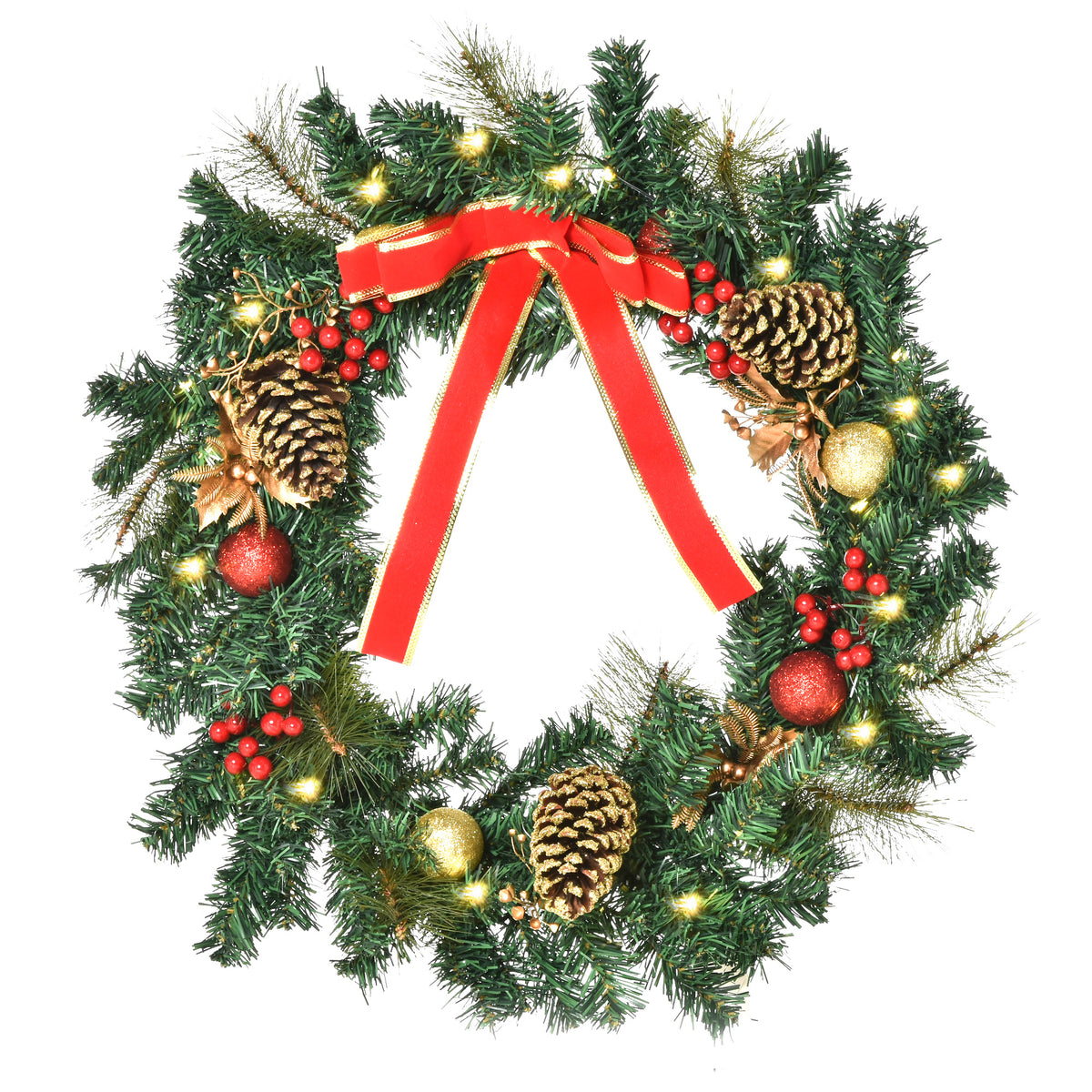 Corona navideña artificial luminosa con 20 LED de 60 cm - decorada con acebo y piñas