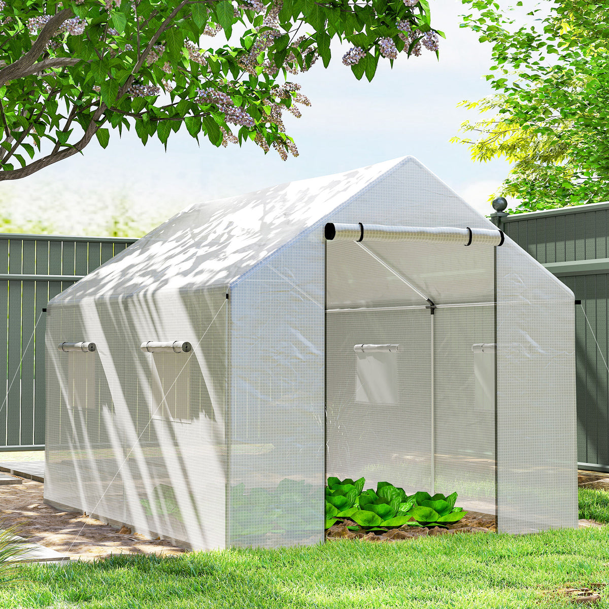 Invernadero de jardín tipo túnel 2 x 3 m, 6 m² con puerta enrollable, 4 ventanas, - Acero galvanizado PE Alta densidad Blanco