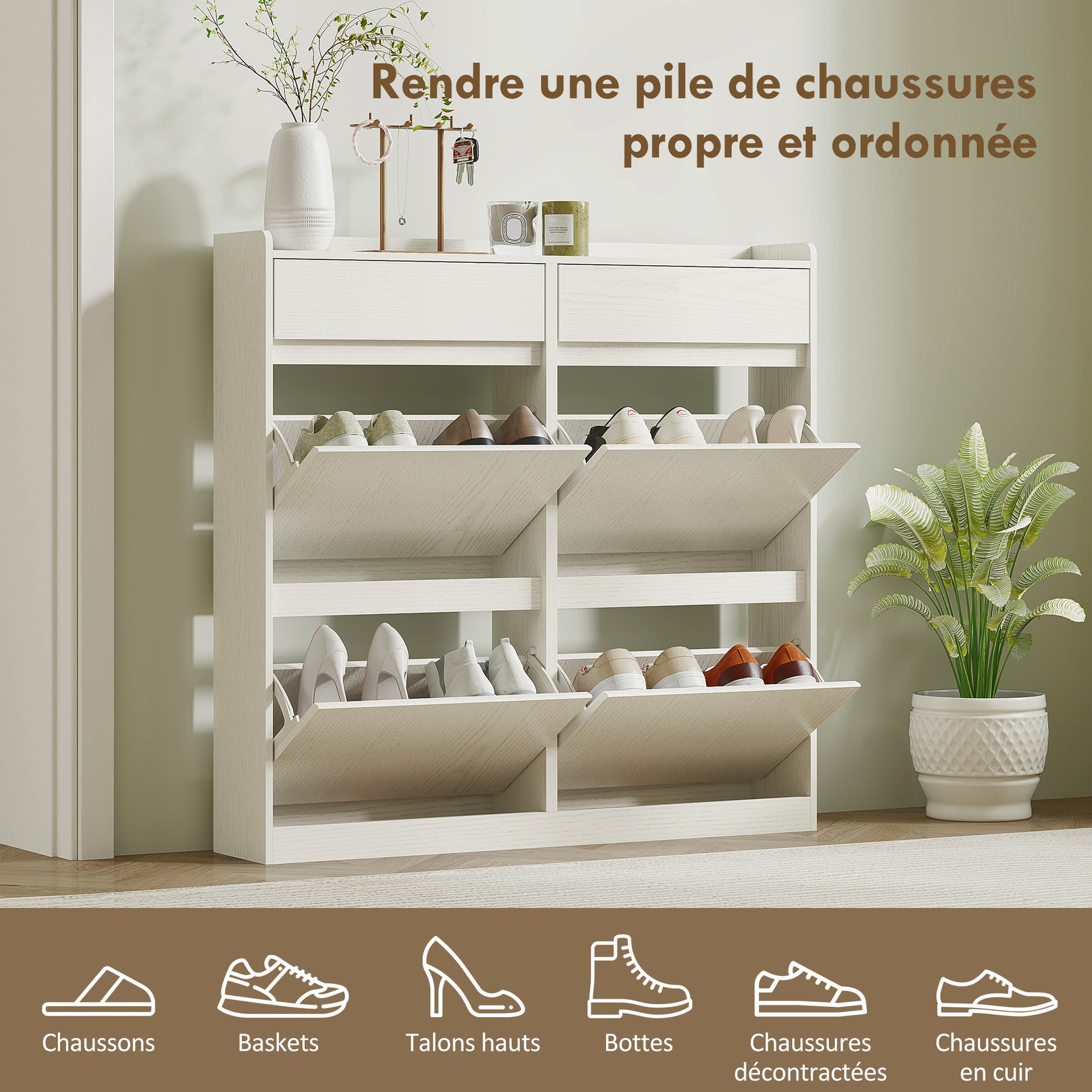 Meuble à chaussures 8 paires avec 2 tiroirs coulissants et 4 tiroirs rabattables, 98 x 19,2 x 95,3 cm, blanc