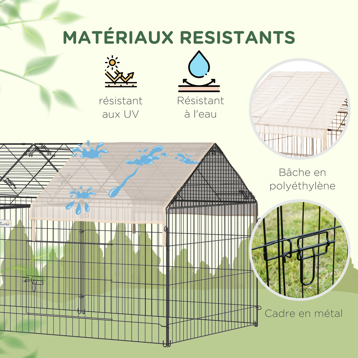 Clôture pour petits animaux cage pour animaux domestiques cadre en métal galvanisé 4 piquets de sol noir et beige