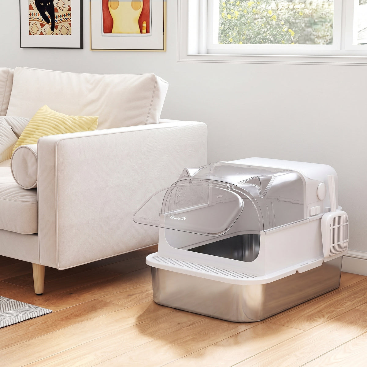 Lettiera per Gatti in Acciaio Inox con Coperchio 3 in 1 Bordi Alti Paletta e Sacchetti Antiodore XL 70x50x46cm Bianco