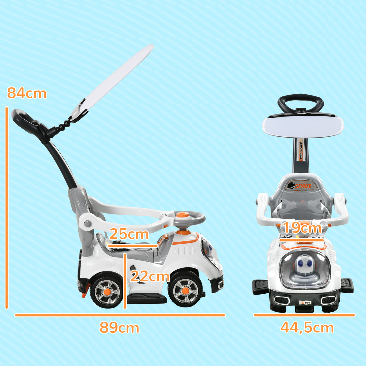 Porteur enfants, porteur bébé voiture à pousser 3 en 1 avec robot thème, pédales, poignée parentale, blanc