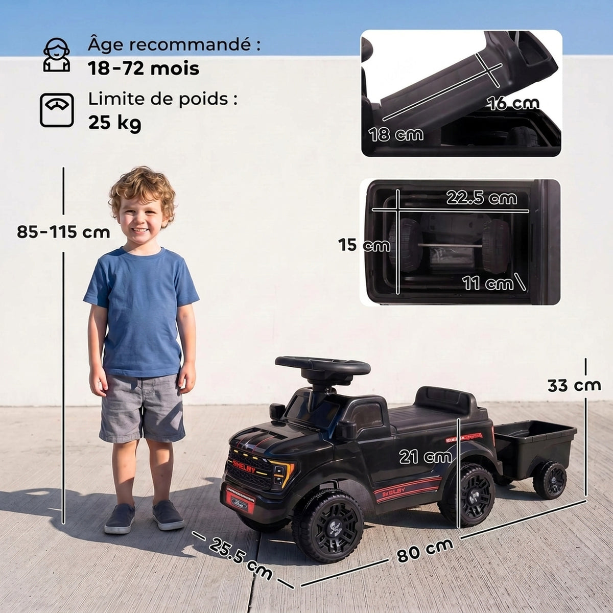 Voiture Porteur pour Enfants Shelby, Dossier, Anti-Basculement, Sons, Compartiment, 18-72 Mois, 80x25,5x33cm, Noir