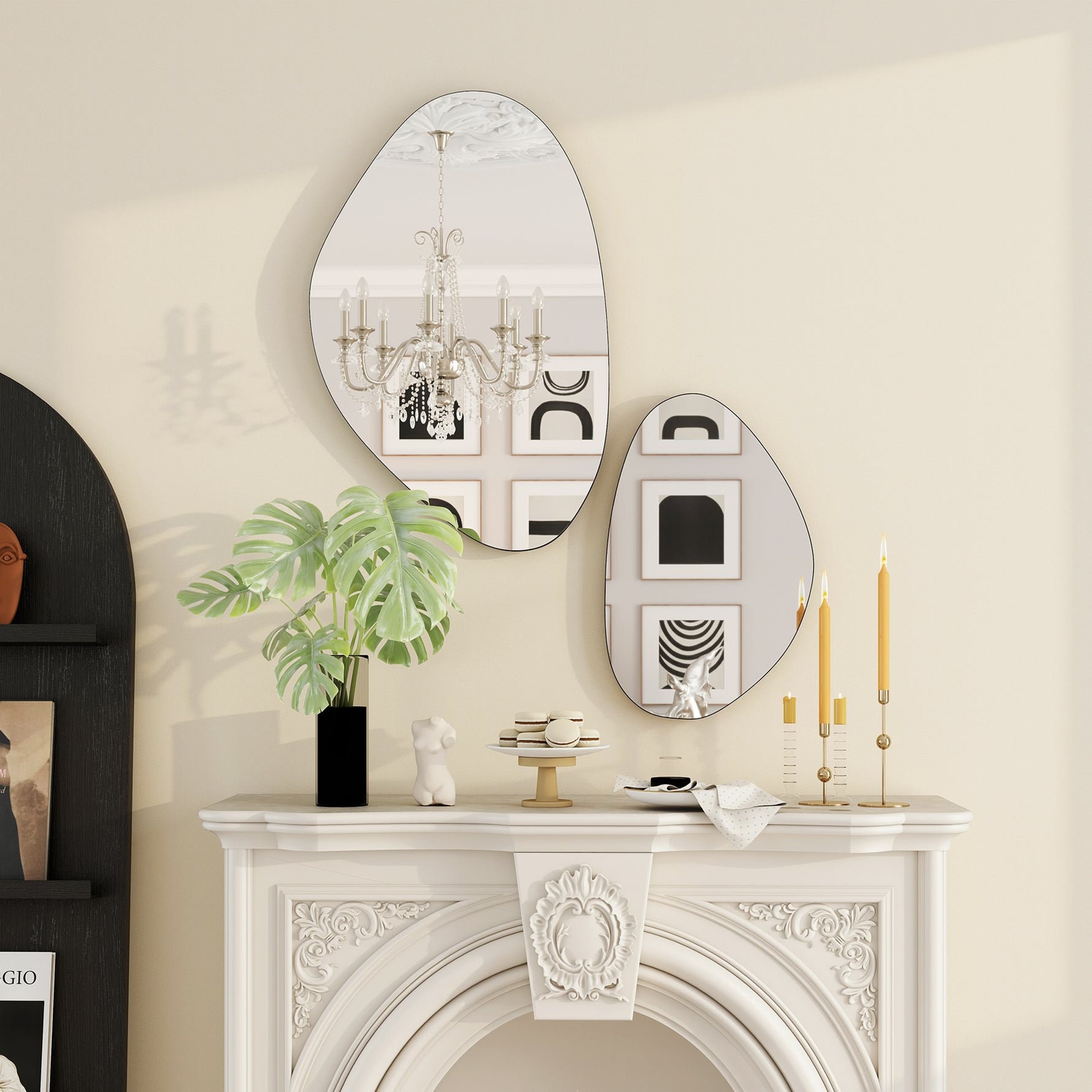 Lot de 2 miroirs muraux, miroirs décoratifs irréguliers en forme de galet, cadre en métal, 70 x 46 cm/49,5 x 31 cm, noir