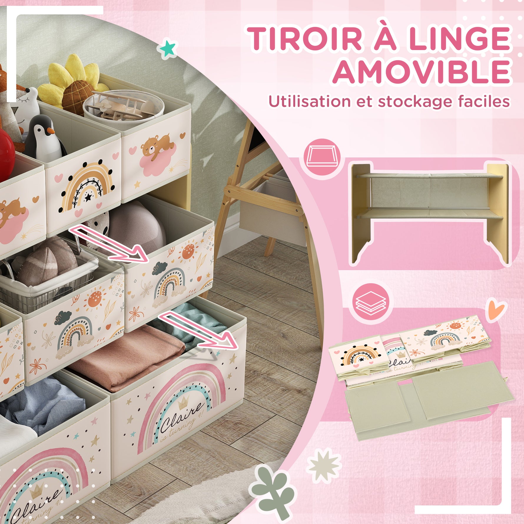 Étagère de rangement enfant étagère à 3 niveaux avec 9 boîtes en tissu non tissé 93 x 30 x 70 cm jaune-4
