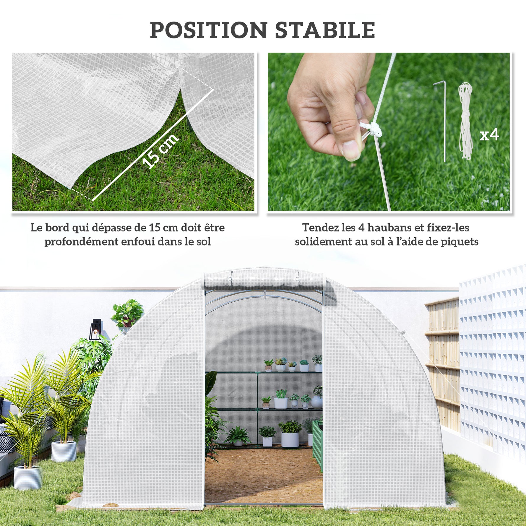 Serre de jardin tunnel 13,5 m² 6 fenêtres, porte zippée enroulable châssis acier galvanisé, bâche PE 4,5 x 3 x 2 m blanc