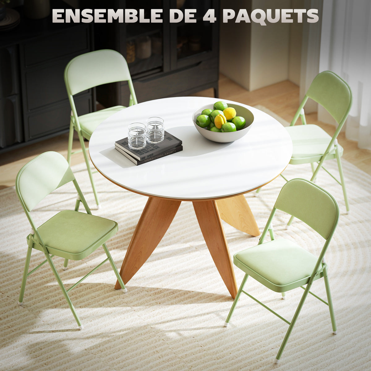 Lot de 4 chaises pliantes et portables intérieur avec assises et dossiers rembourrés en velours, cadre en acier, vert