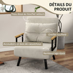 Fauteuil convertible 4 en 1 lit 1 place dossier 5 positions, accoudoirs en bois et coussin, tissu effet velours, crème