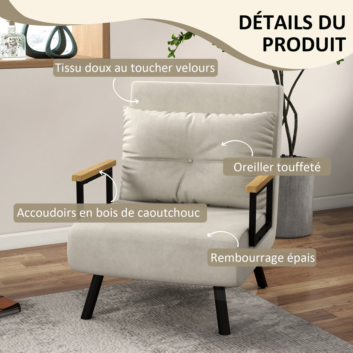 Fauteuil convertible 4 en 1 lit 1 place dossier 5 positions, accoudoirs en bois et coussin, tissu effet velours, crème