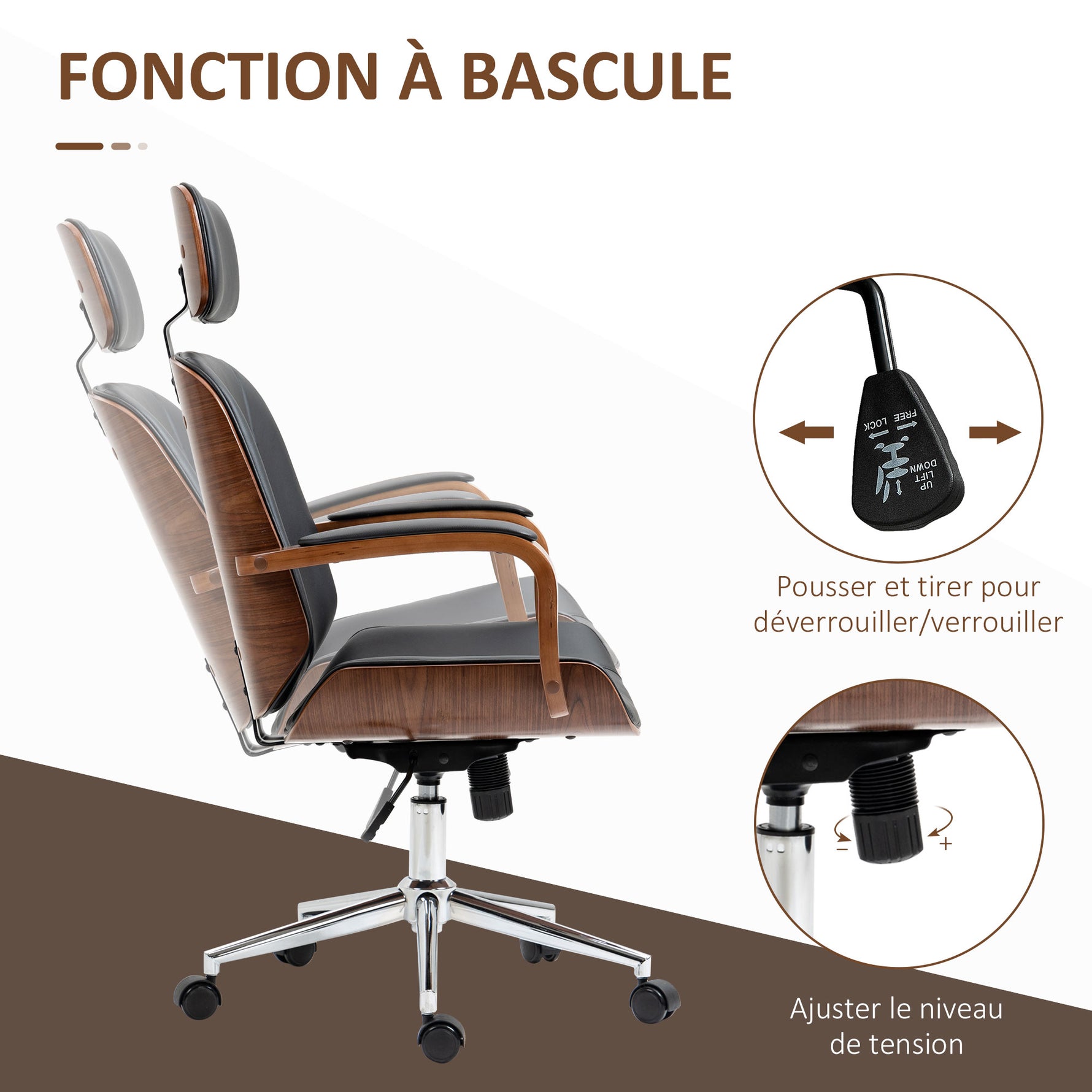 Fauteuil de bureau, chaise de bureau avec appui-tête amovible hauteur réglable et fonction de bascule, 66x65x125cm, noir