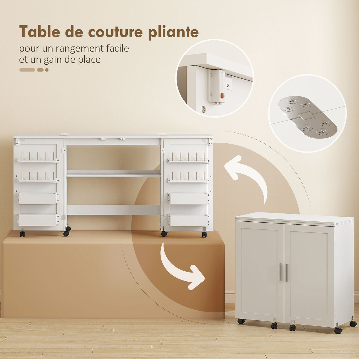Tavolo da cucito pieghevole, mobile per cucito con rotelle, 2 ante magnetiche, 4 scomparti, 20 ganci, 160x40x81,5cm, bianco