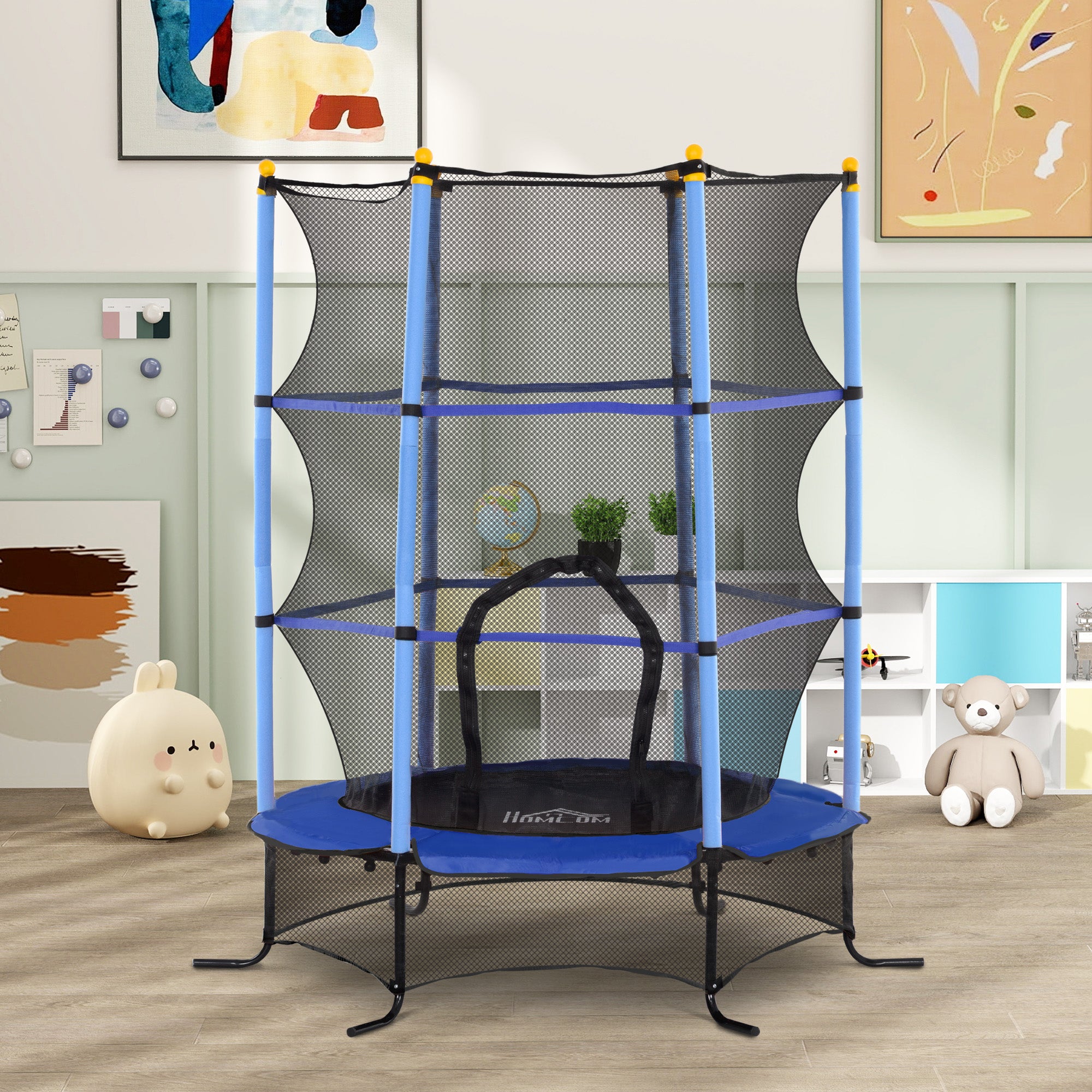 Trampolino per bambini Ø 1,63 × 1,9H m Rete di sicurezza Porta con zip Coprimolla 6 pali imbottiti Incluso Blu