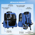 2-in-1-Hundetransporttasche mit Rollen, Trolley, Wagen und Rucksack für Hund und Katze mit Teleskopgriff, Aufbewahrungsfächern, Belüftungsöffnungen und Sicherheitsgurt, 42 x 25 x 55 cm, blau