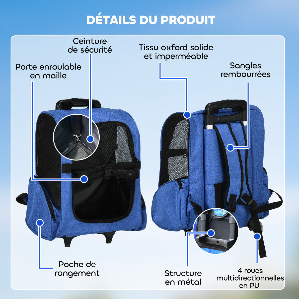 2-in-1-Hundetransporttasche mit Rollen, Trolley, Wagen und Rucksack für Hund und Katze mit Teleskopgriff, Aufbewahrungsfächern, Belüftungsöffnungen und Sicherheitsgurt, 42 x 25 x 55 cm, blau