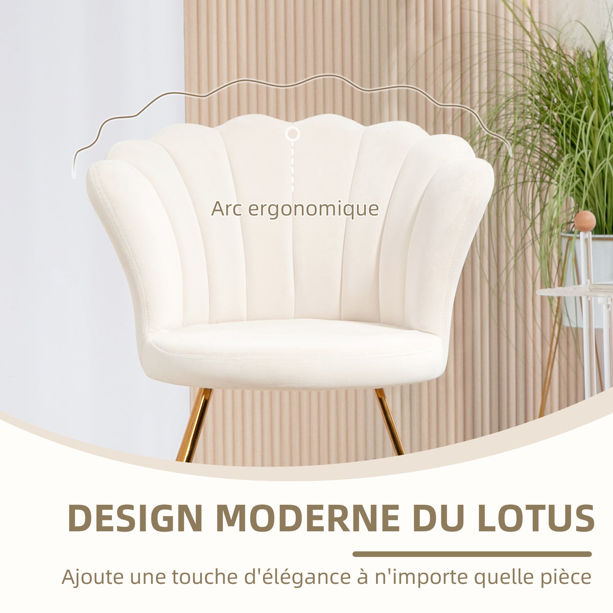 Fauteuil coquillage chaise coiffeuse fauteuil en velours fauteuil de salon avec pieds en acier 69 x 64 x 80 cm crème