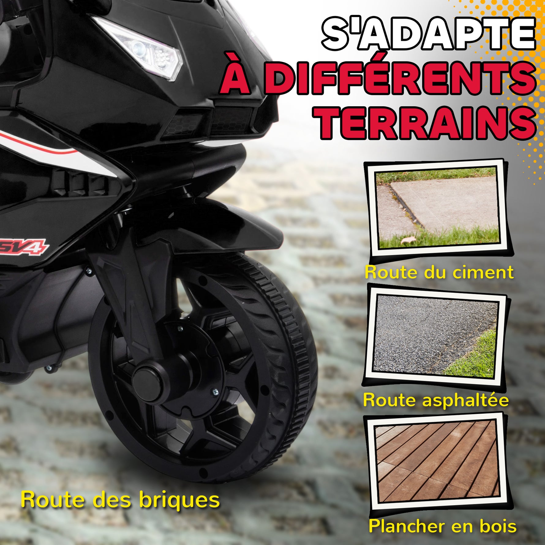 Moto électrique enfants, moto à batterie 6 V avec effets lumineux et sonores, roues d'entraînement, 75x36x49cm, noir