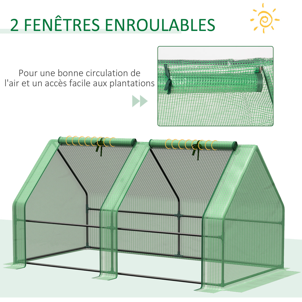 Mini Serre de Jardin Mini Serre Tunnel 180L x 90l x 90H cm Toit Pointu Acier PE Haute Densité 140 g/m² Anti-UV Fenêtres avec Zip Enroulables Vert
