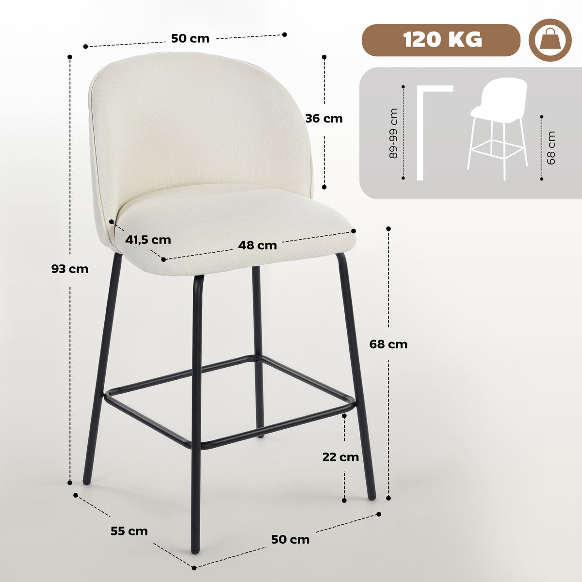 Set di 2 Sgabelli da Bar, Sedie da Bar, Poggiapiedi e Schienale, Tessuto Effetto Lino, Altezza Seduta 68cm, Crema