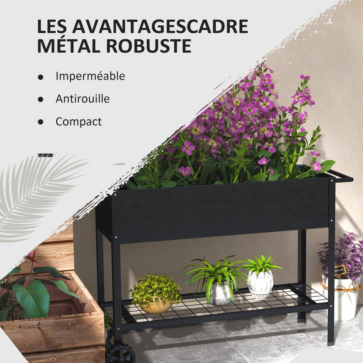 Jardinière sur Pieds Potager dim. 109L x 39l x 80H cm étagère 2 Roues + Insert d'irrigation métal Noir