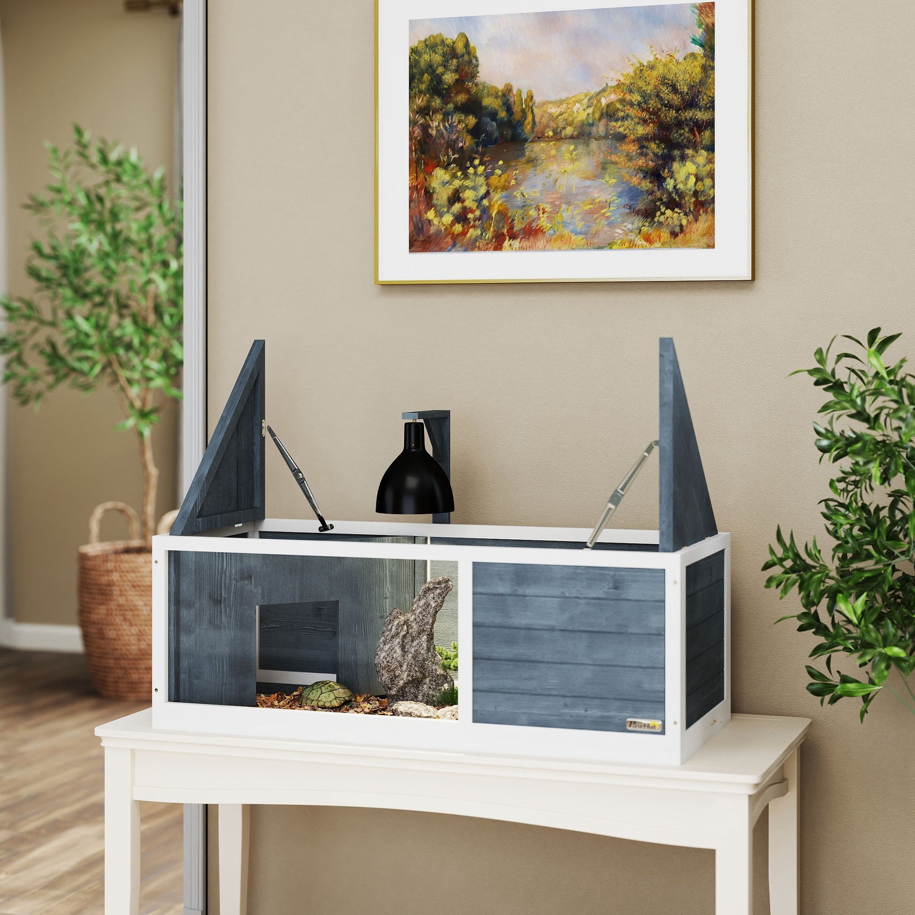 Maison pour tortues enclos avec toit ouvrant support lampe plateau fenêtre panoramique 120 x 50 x 40 cm gris