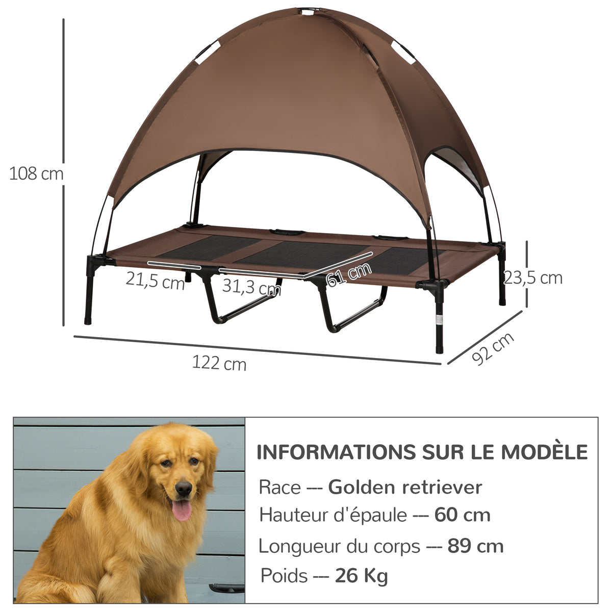 Raised dog/cat bed, UV-resistant micro-perforated Oxford fabric + parasol + carry bag included, brown/black