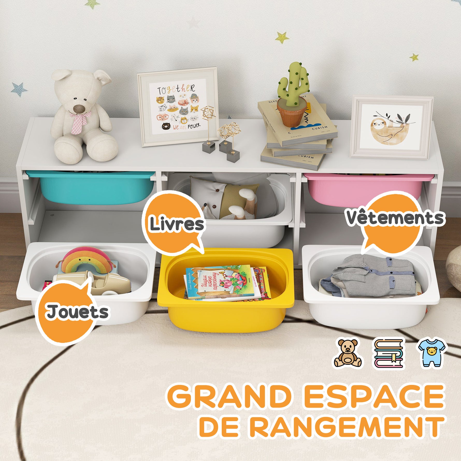 Meuble rangement enfant à 2 niveaux, étagère de rangement pour jouets enfants avec 6 bacs amovibles, 97x21x29cm, blanc