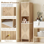 Armoire salle de bain haute meuble de rangement colonne avec tiroir coulissant silencieux 2 placards 41,5x30x168cm chêne