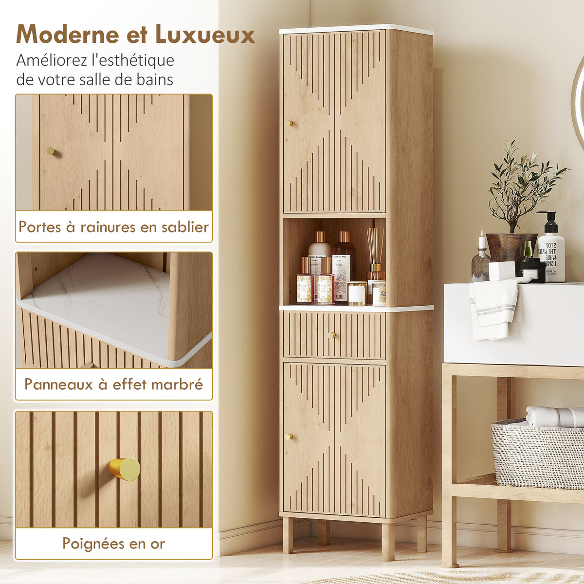Armoire salle de bain haute meuble de rangement colonne avec tiroir coulissant silencieux 2 placards 41,5x30x168cm chêne