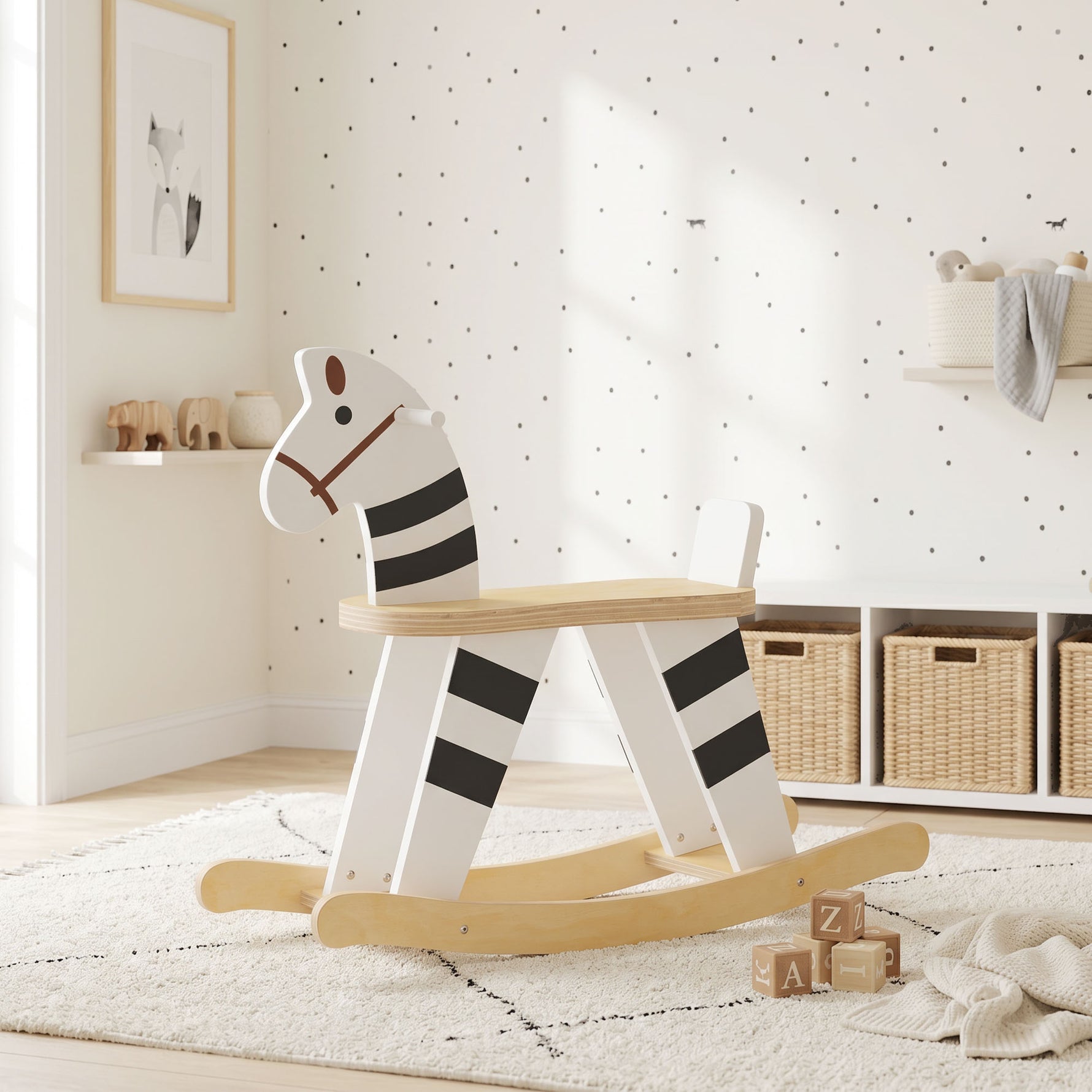 Cheval à Bascule pour Enfant, Jouet à Bascule pour Enfant avec Base en Bois et Dossier, 18 Mois à 3 Ans, Noir et Blanc