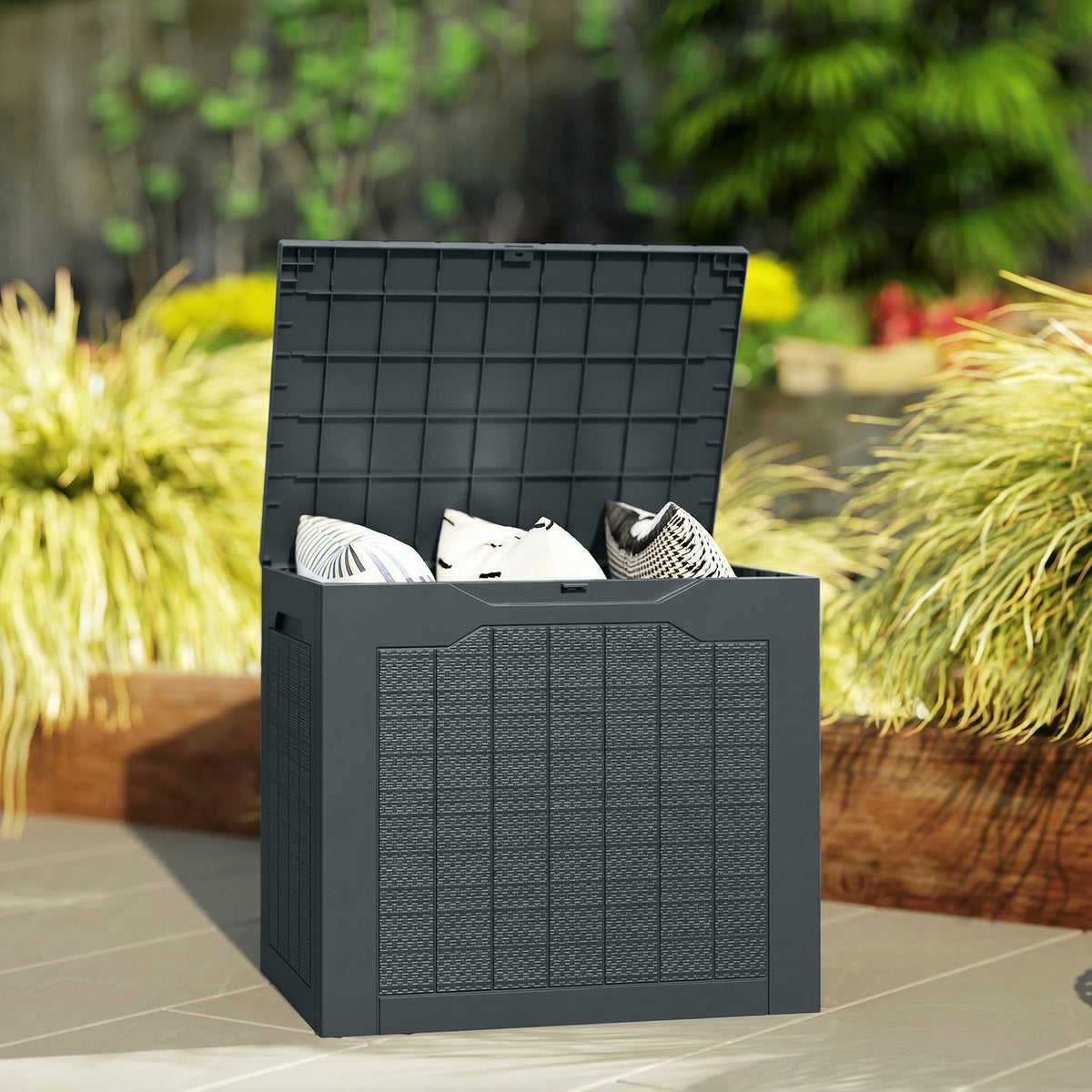 Coffre de rangement extérieur 97L avec poignées encastrées, malle de rangement extérieur étanche 56x41x50cm, gris foncé