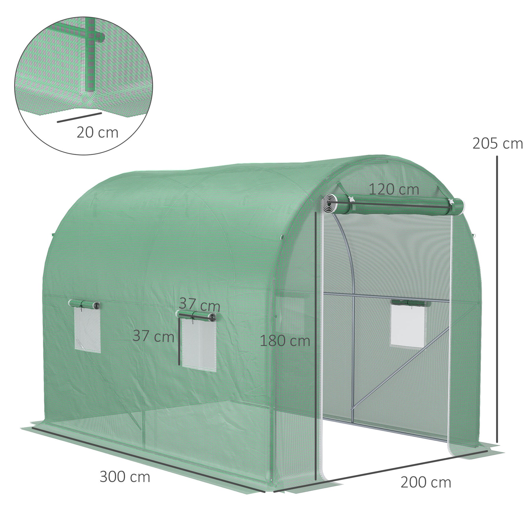Serre de Jardin Tunnel Surface Sol 6 m² 3L x 2l x 2,10H m châssis Tubulaire renforcé Porte zippée 4 fenêtres enroulables cadre en métal Vert