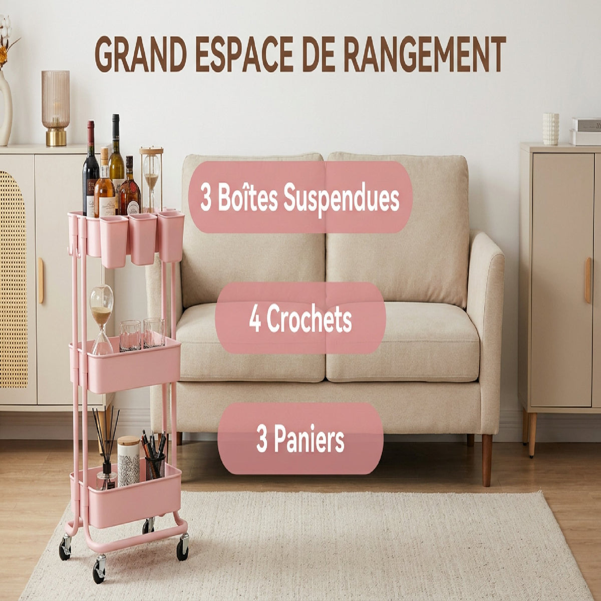 Chariot à 3 niveaux desserte avec 4 crochets et 3 boîtes suspendues amovibles pour 42 x 38 x 86,5 cm rose