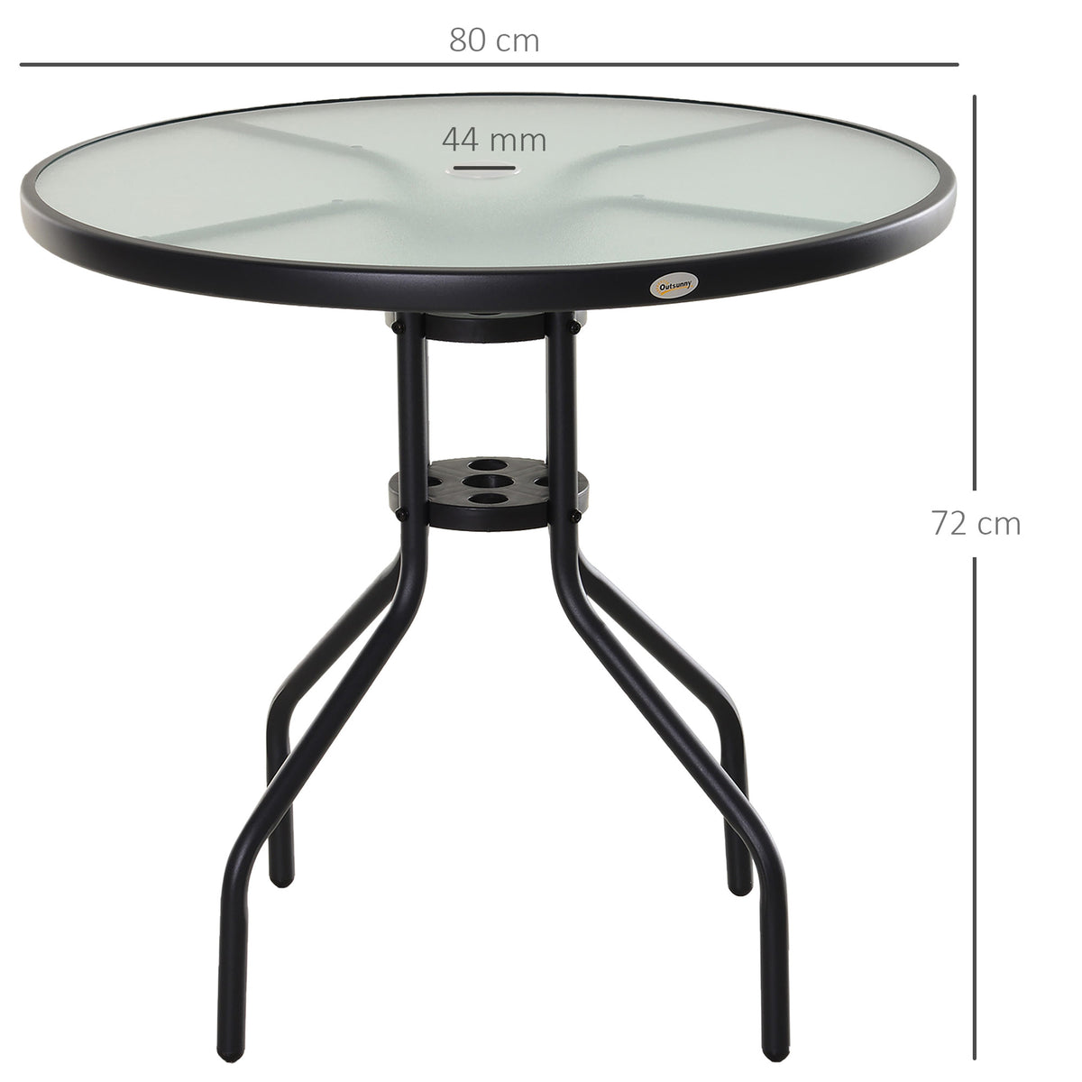 Table Ronde Bistro de Jardin Ø 80 x 72H cm Espace Installation Parasol Acier époxy Noir Plateau Verre trempé